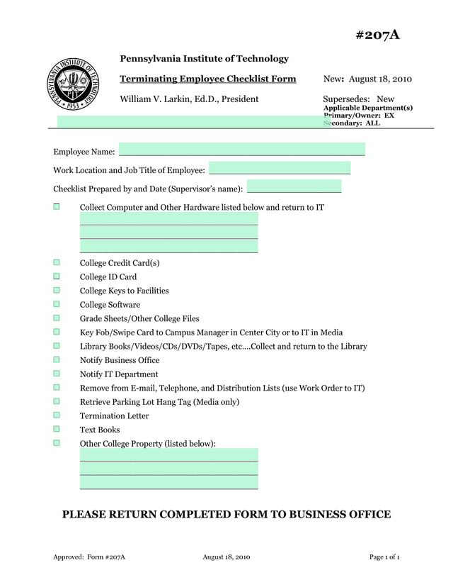 Form 207A Terminating Employee Checklist Form screenshot