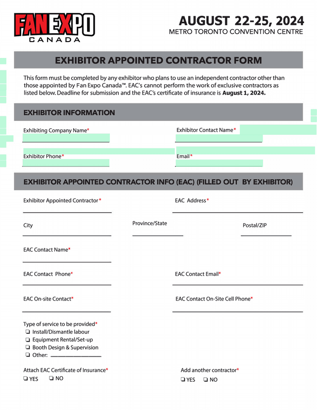 Exhibitor Appointed Contractor Form screenshot
