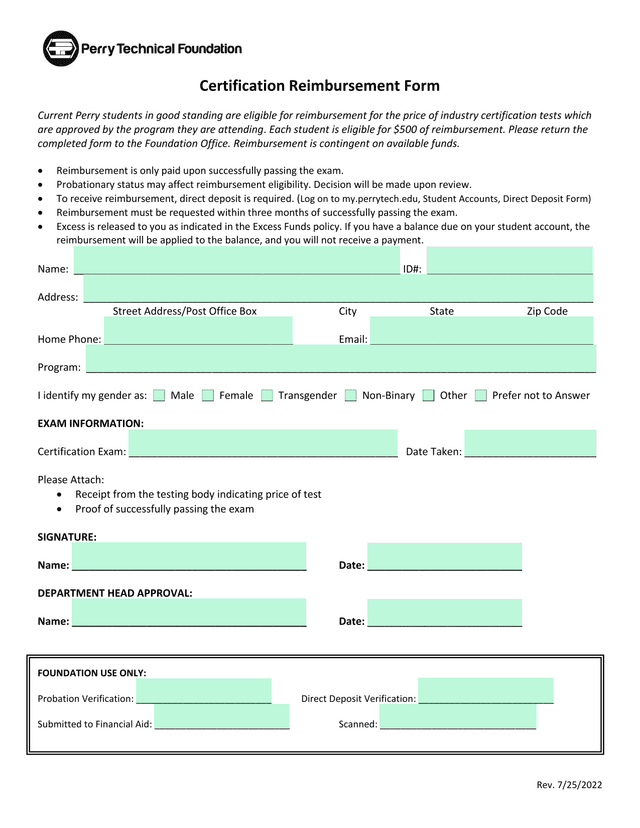 Certification Reimbursement Form screenshot