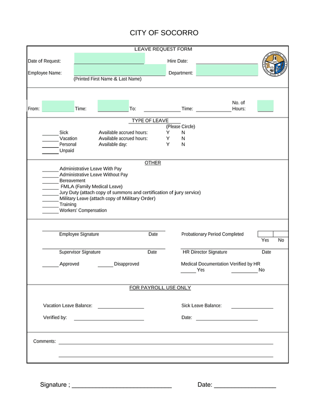 CITY OF SOCORRO LEAVE REQUEST FORM screenshot