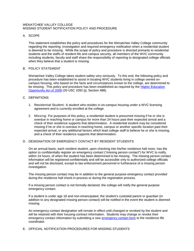 Wenatchee Valley College Missing Student Notification Policy And Procedure screenshot