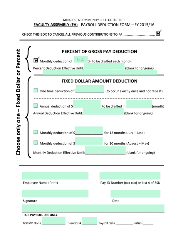 Faculty Assembly (FA)   Payroll Deduction Form screenshot
