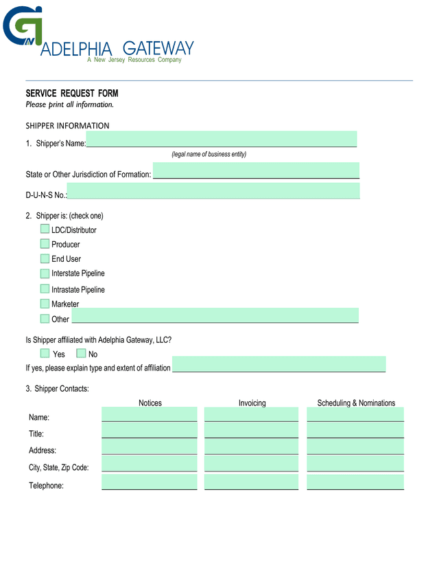 SERVICE REQUEST FORM screenshot
