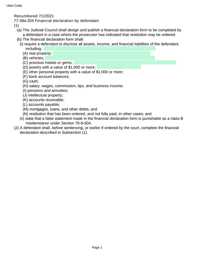 Utah Code 77 38a 204 Financial Declaration By Defendant screenshot
