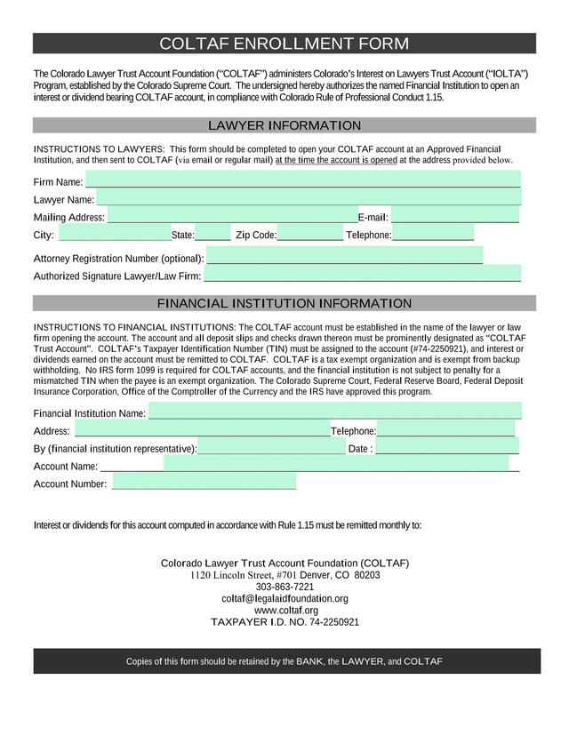 COLTAF ENROLLMENT FORM screenshot