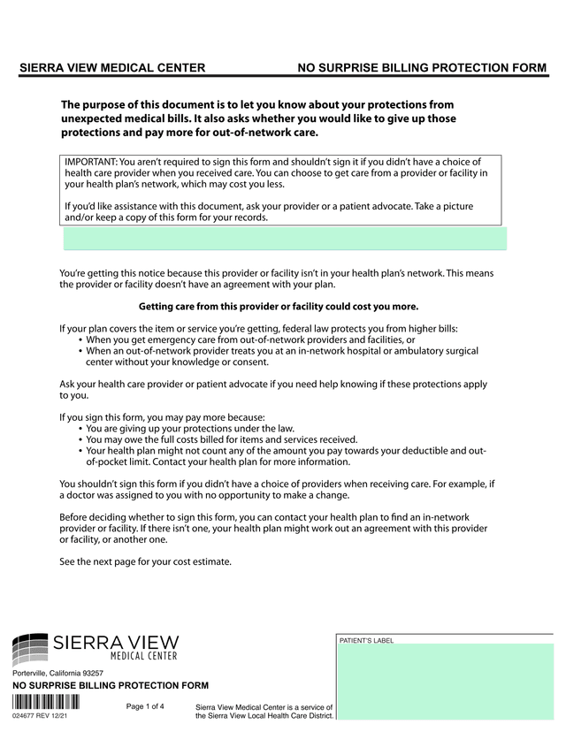 NO SURPRISE BILLING PROTECTION FORM screenshot