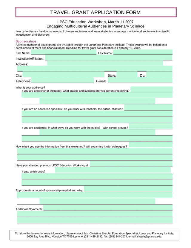 TRAVEL GRANT APPLICATION FORM screenshot