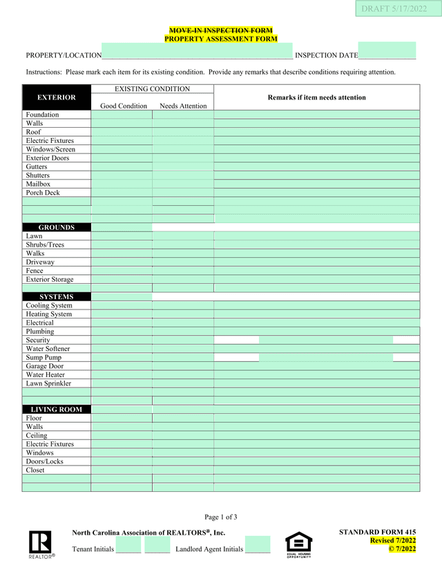 Move In Inspection Form  Property Assessment Form screenshot