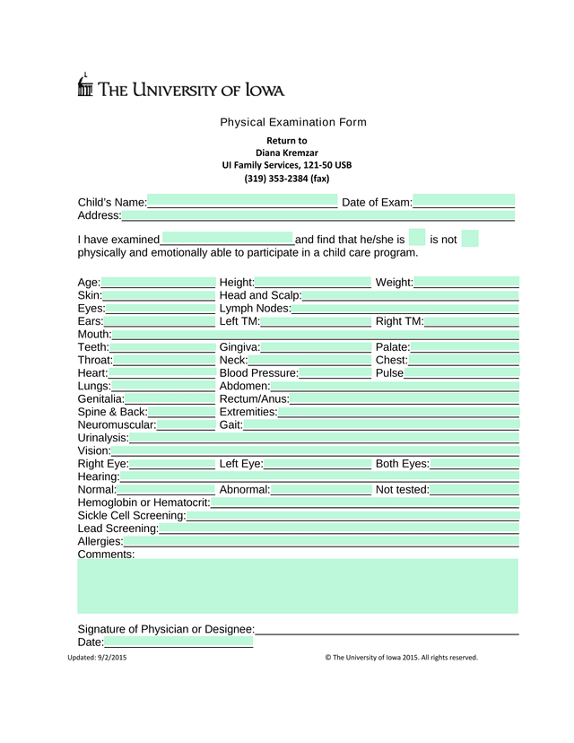 Physical Examination Form screenshot