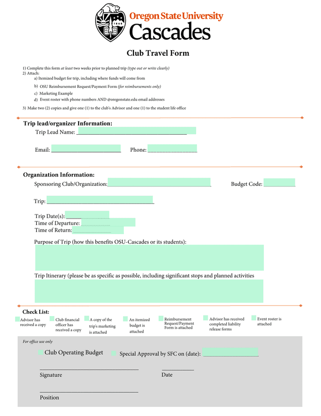Club Travel Form screenshot
