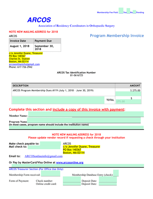 ARCOS Program Membership Invoice screenshot