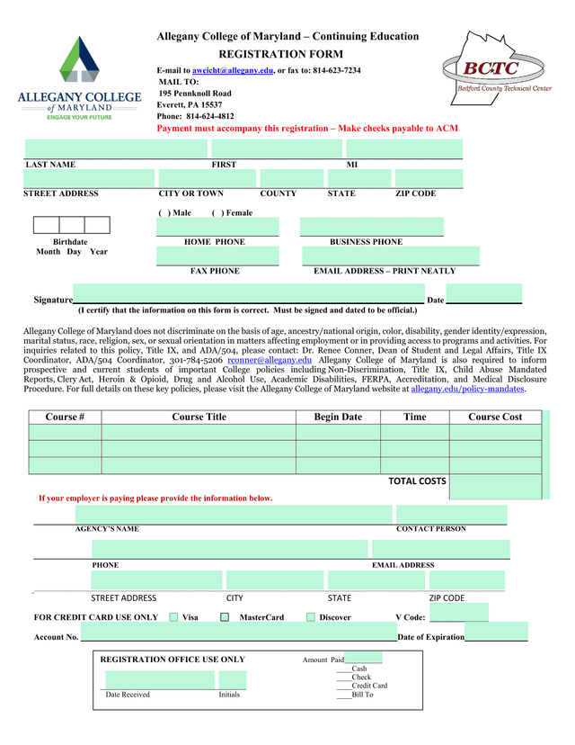 Allegany College Of Maryland Continuing Education Registration Form screenshot