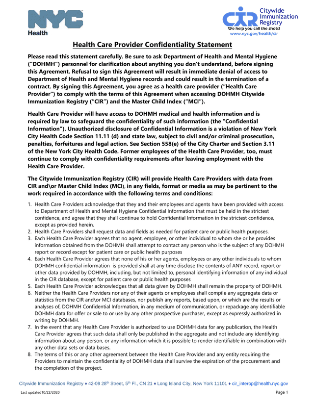 Health Care Provider Confidentiality Statement screenshot