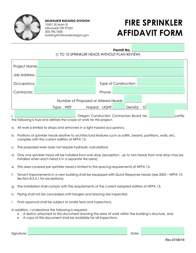 Fire Sprinkler Affidavit Form screenshot