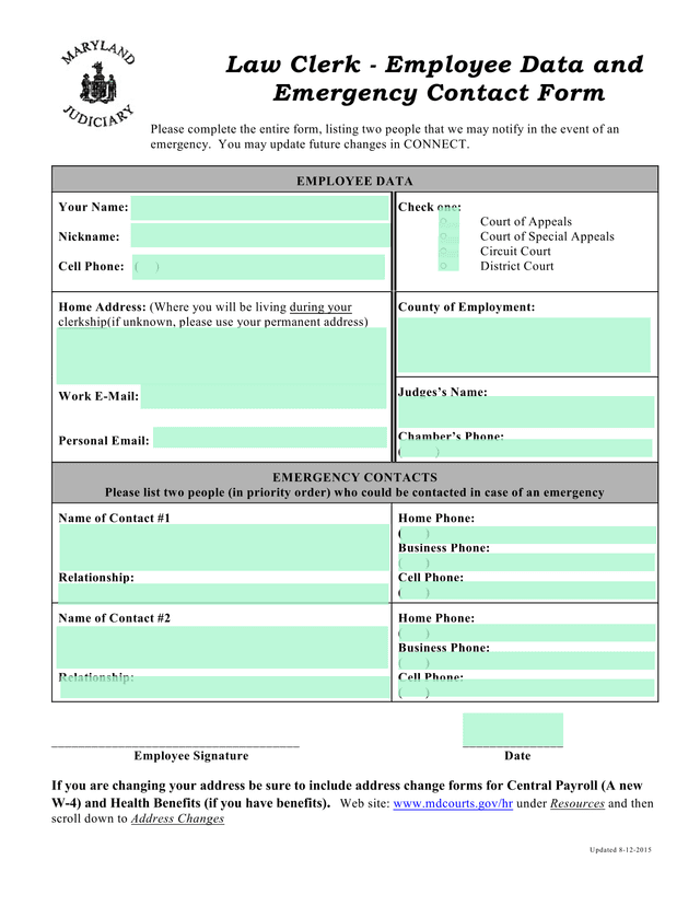 Law Clerk   Employee Data And Emergency Contact Form screenshot
