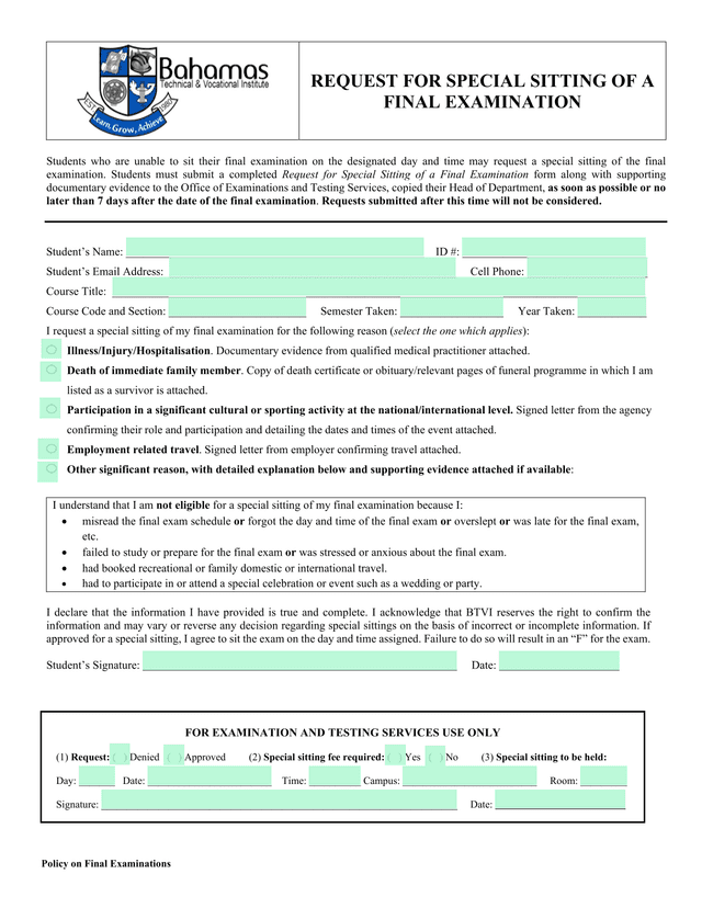 Request For Special Sitting Of A Final Examination screenshot