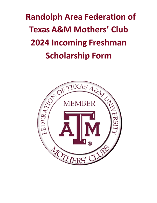 Randolph Area Federation Of Texas AM Mothers Club 2024 Incoming Freshman Scholarship Form screenshot