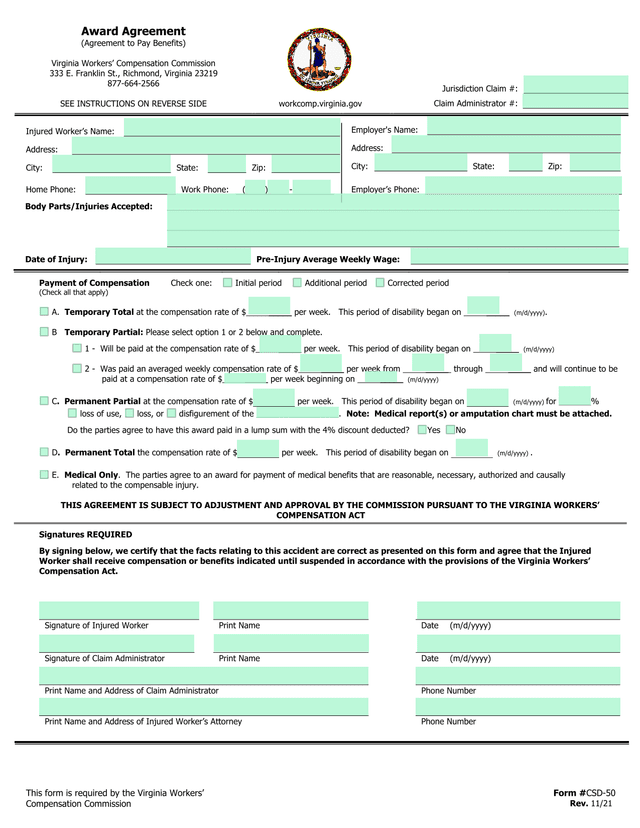Award Agreement (Agreement To Pay Benefits) screenshot