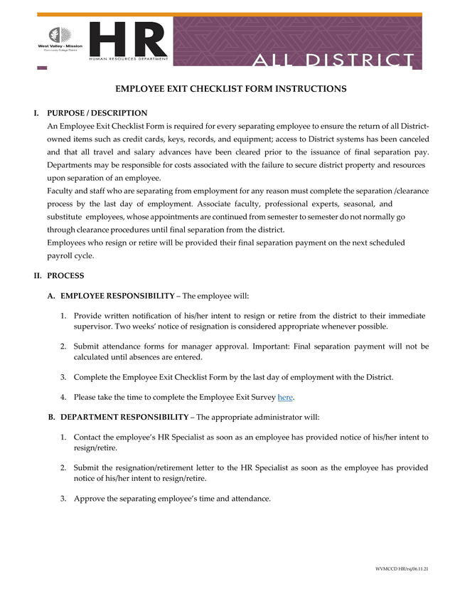Employee Exit Checklist Form screenshot