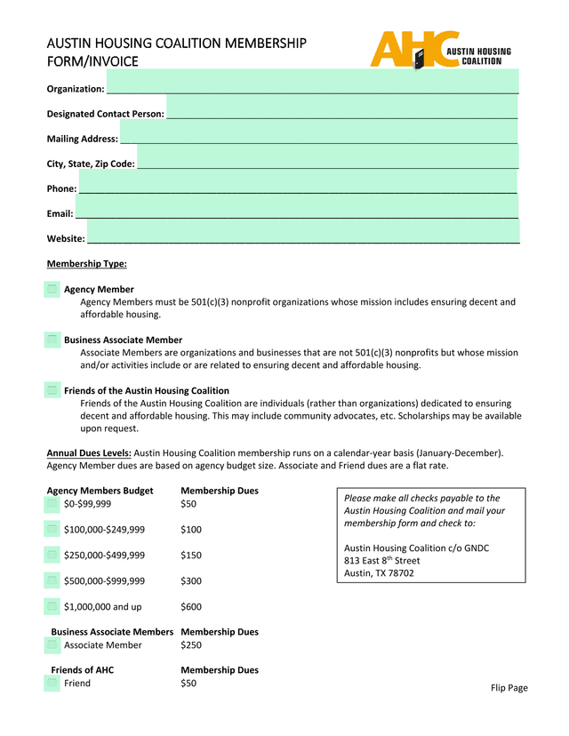 Austin Housing Coalition Membership FormInvoice screenshot