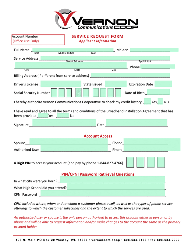 SERVICE REQUEST FORM screenshot