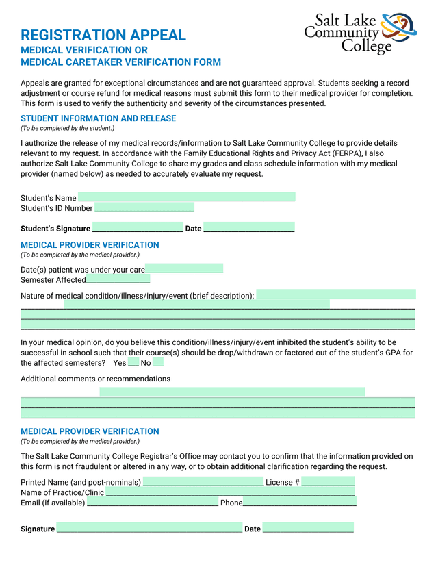 REGISTRATION APPEAL MEDICAL VERIFICATION OR MEDICAL CARETAKER VERIFICATION FORM screenshot