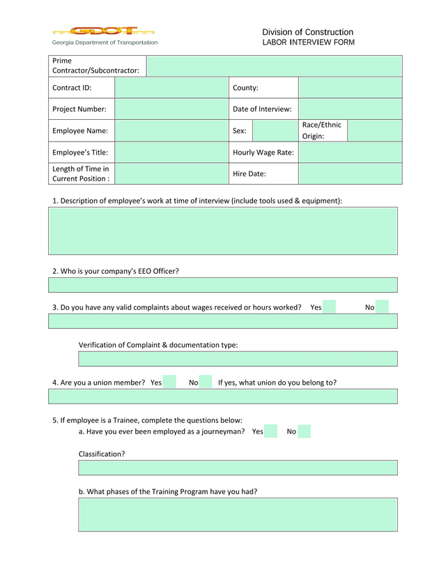Labor Interview Form screenshot