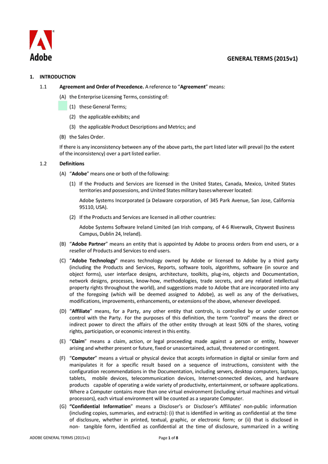 ADOBE GENERAL TERMS (2015v1) screenshot