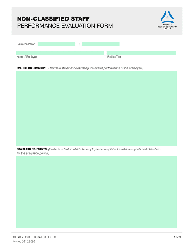 NON CLASSIFIED STAFF PERFORMANCE EVALUATION FORM screenshot