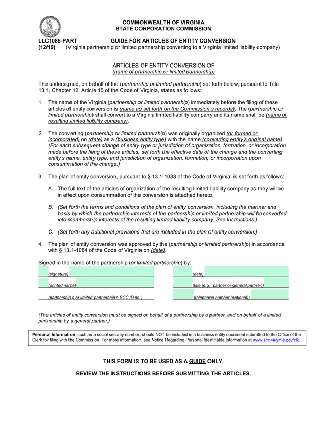 LLC1085 PART GUIDE FOR ARTICLES OF ENTITY CONVERSION screenshot