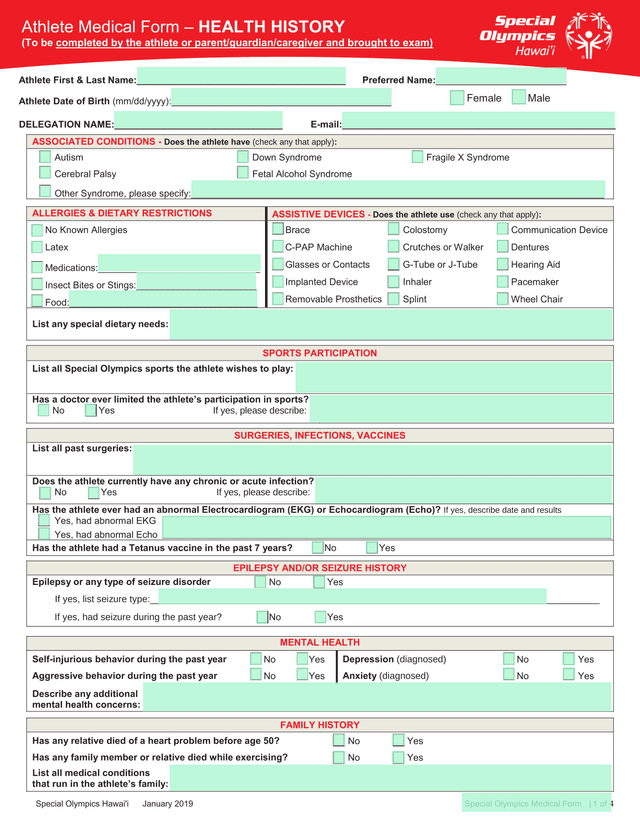 Special Olympics Medical Form screenshot