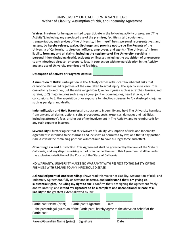 Waiver Of Liability, Assumption Of Risk, And Indemnity Agreement screenshot