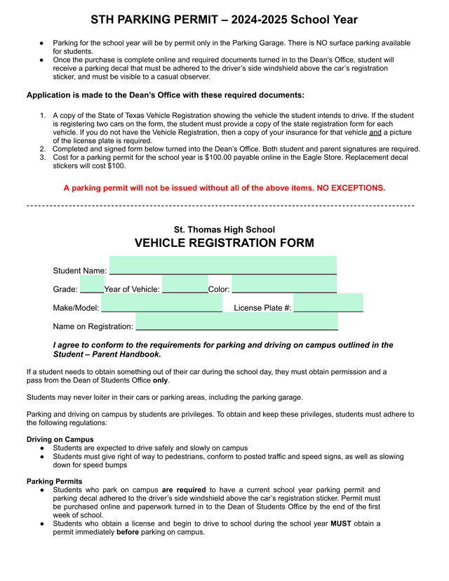 STH PARKING PERMIT  2024 2025 School Year screenshot