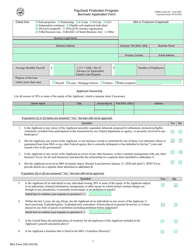 Paycheck Protection Program Borrower Application Form screenshot