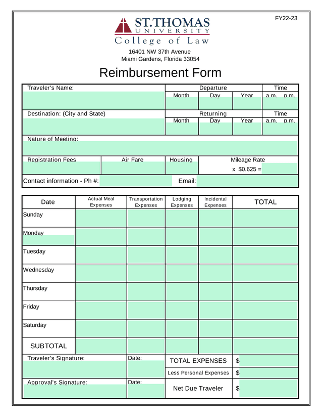Reimbursement Form screenshot