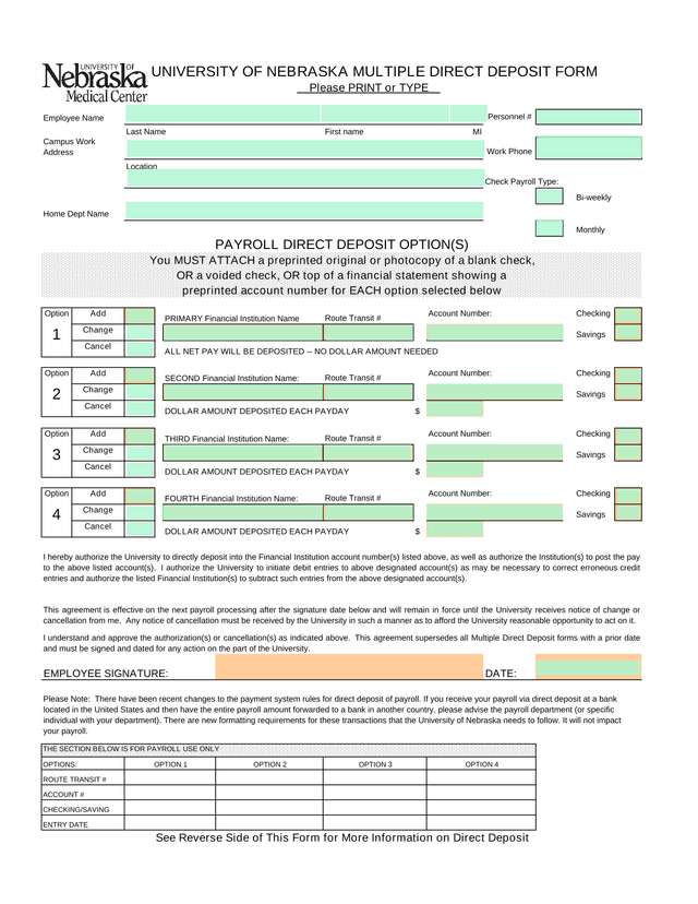University Of Nebraska Multiple Direct Deposit Form screenshot