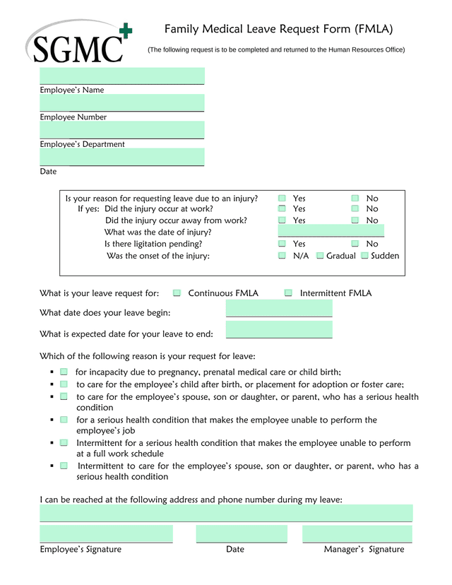 Family Medical Leave Request Form (FMLA) screenshot