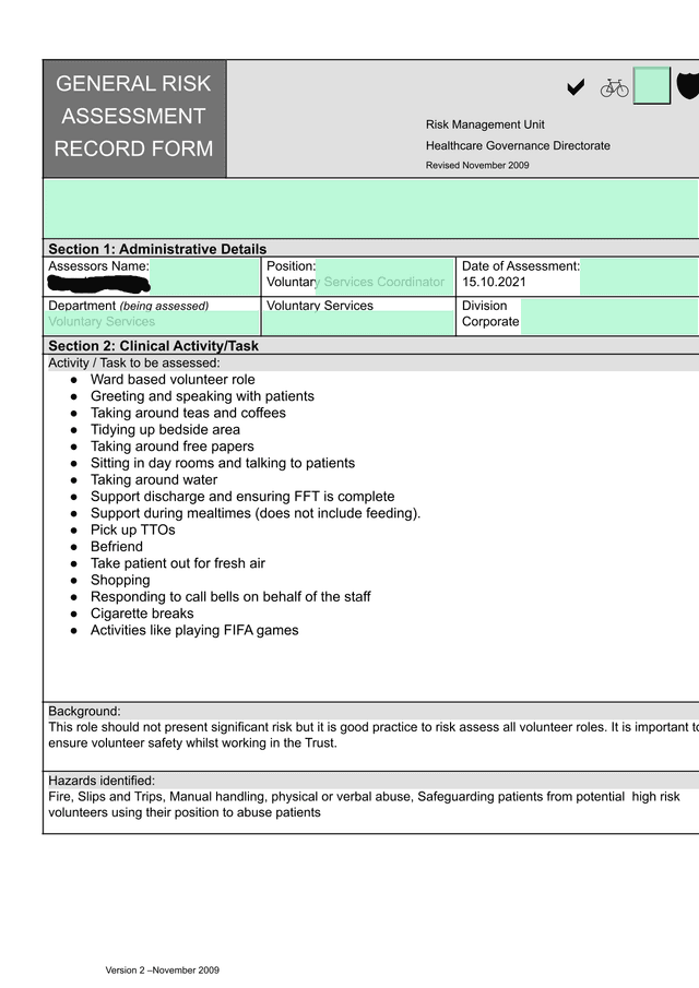 General Risk Assessment Record Form screenshot
