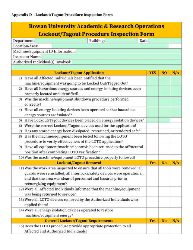 Rowan University Academic  Research Operations LockoutTagout Procedure Inspection Form screenshot
