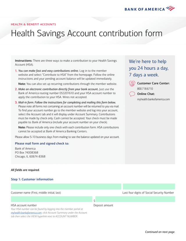 Health Savings Account Contribution Form screenshot