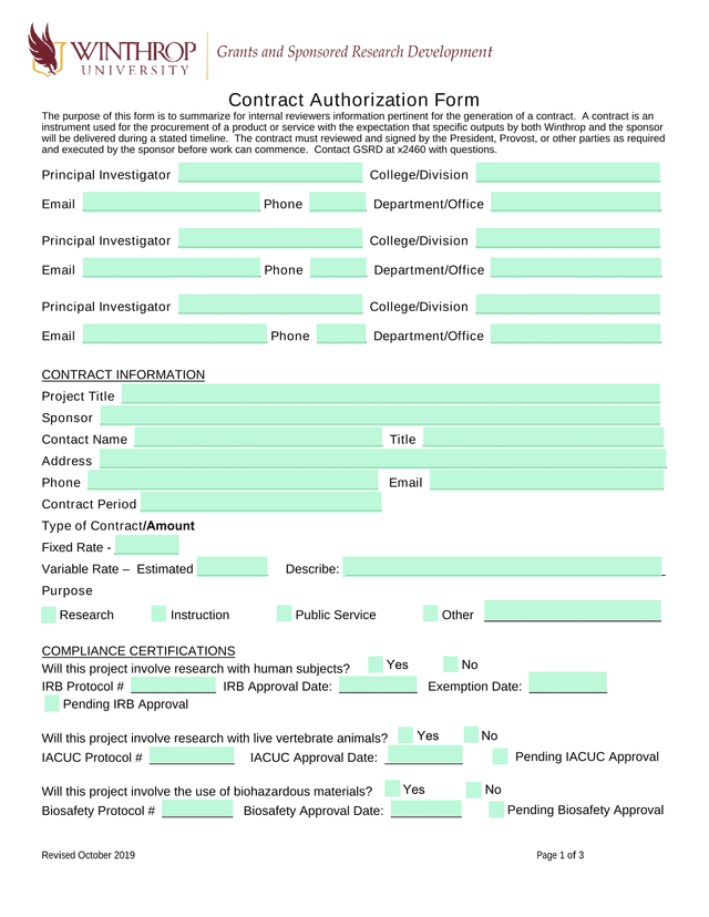 Grants And Sponsored Research Development Contract Authorization Form screenshot
