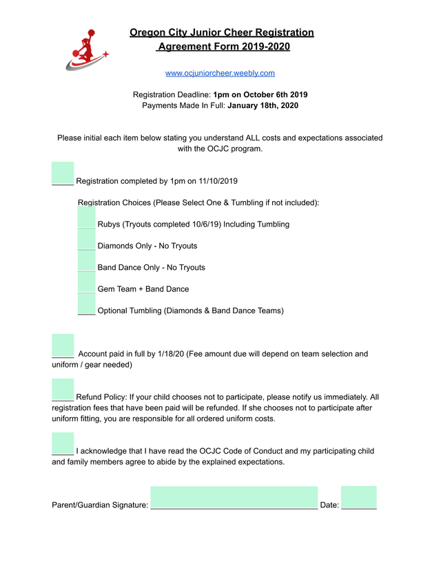 Oregon City Junior Cheer Registration Agreement Form 2019 2020 screenshot