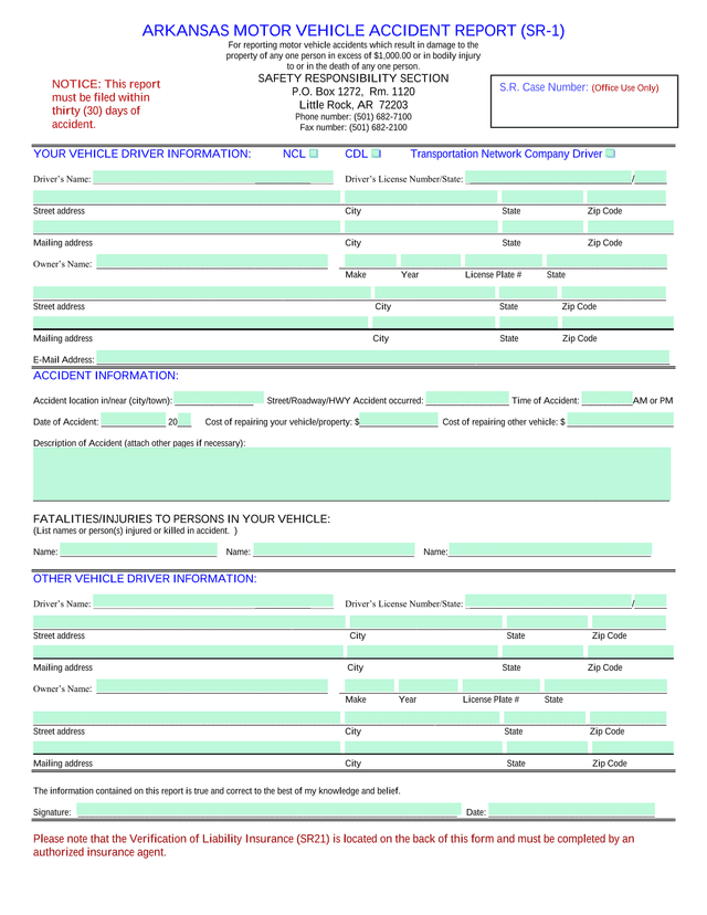 Arkansas Motor Vehicle Accident Report (SR 1) screenshot