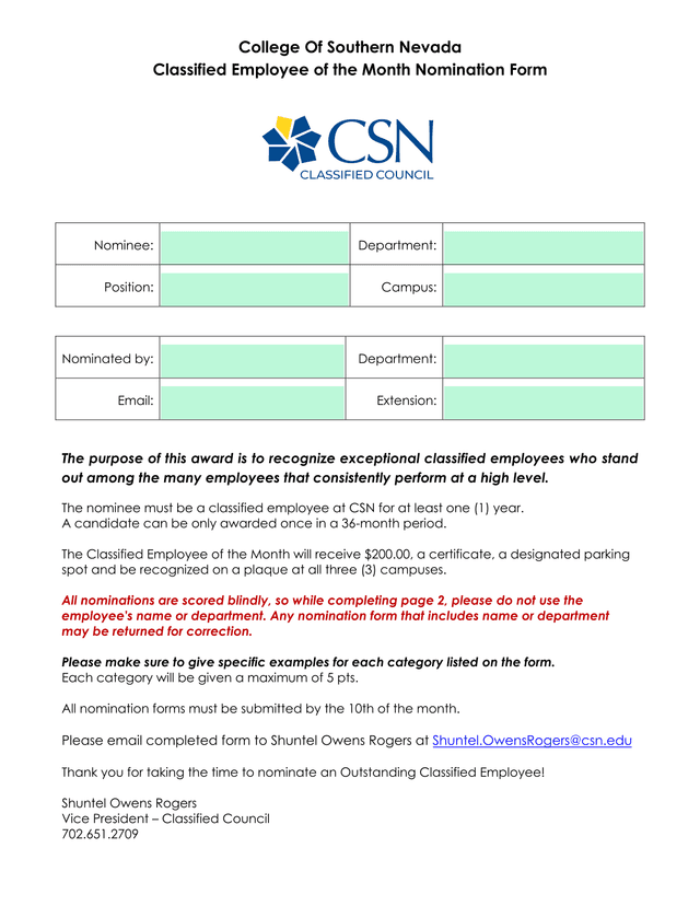 College Of Southern Nevada Classified Employee Of The Month Nomination Form screenshot