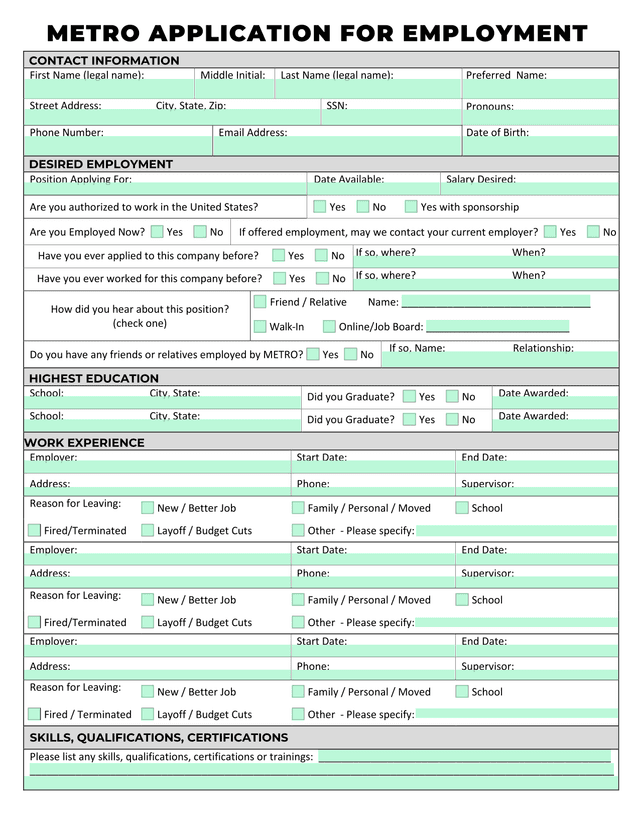 METRO APPLICATION FOR EMPLOYMENT screenshot