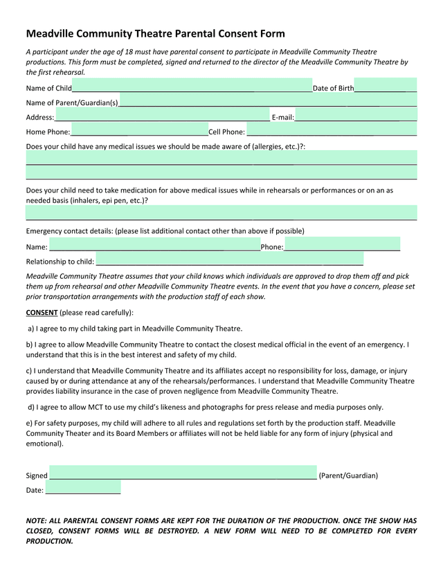Meadville Community Theatre Parental Consent Form screenshot