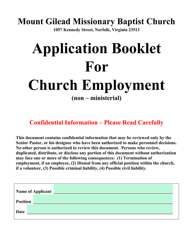 Mount Gilead Missionary Baptist Church Employment Application Booklet screenshot