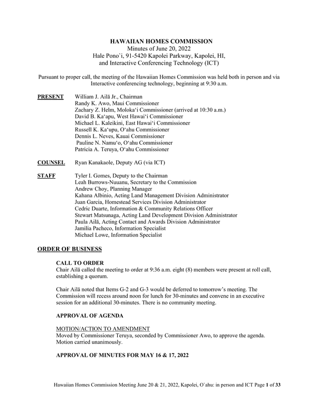 Hawaiian Homes Commission Meeting Minutes screenshot