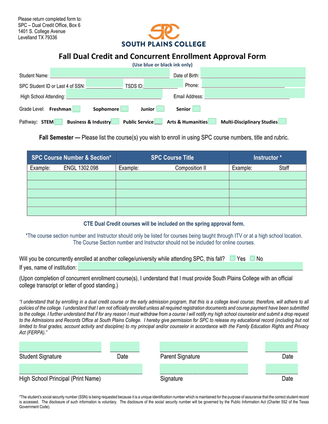 Fall Dual Credit And Concurrent Enrollment Approval Form screenshot