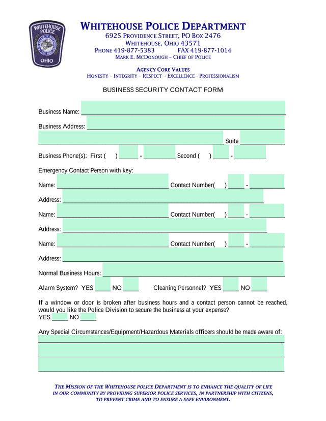 Business Security Contact Form screenshot